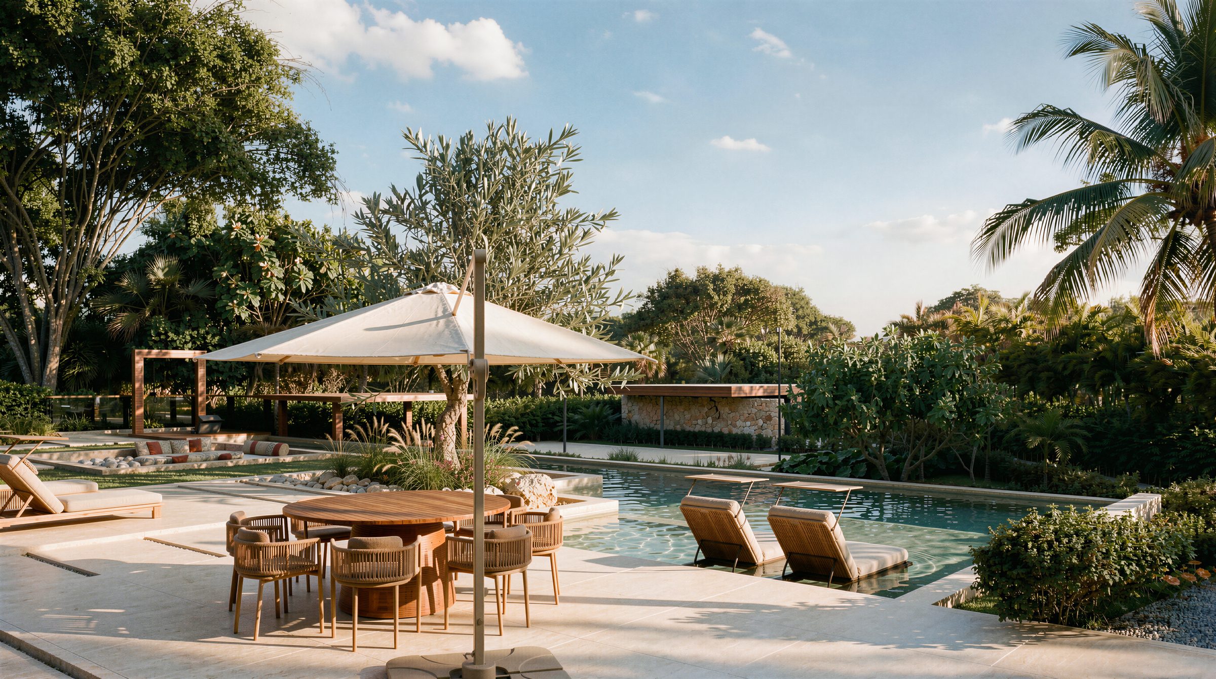 Piscina de dia, com guarda-sol, mesa e espreguiçadeiras no jardim