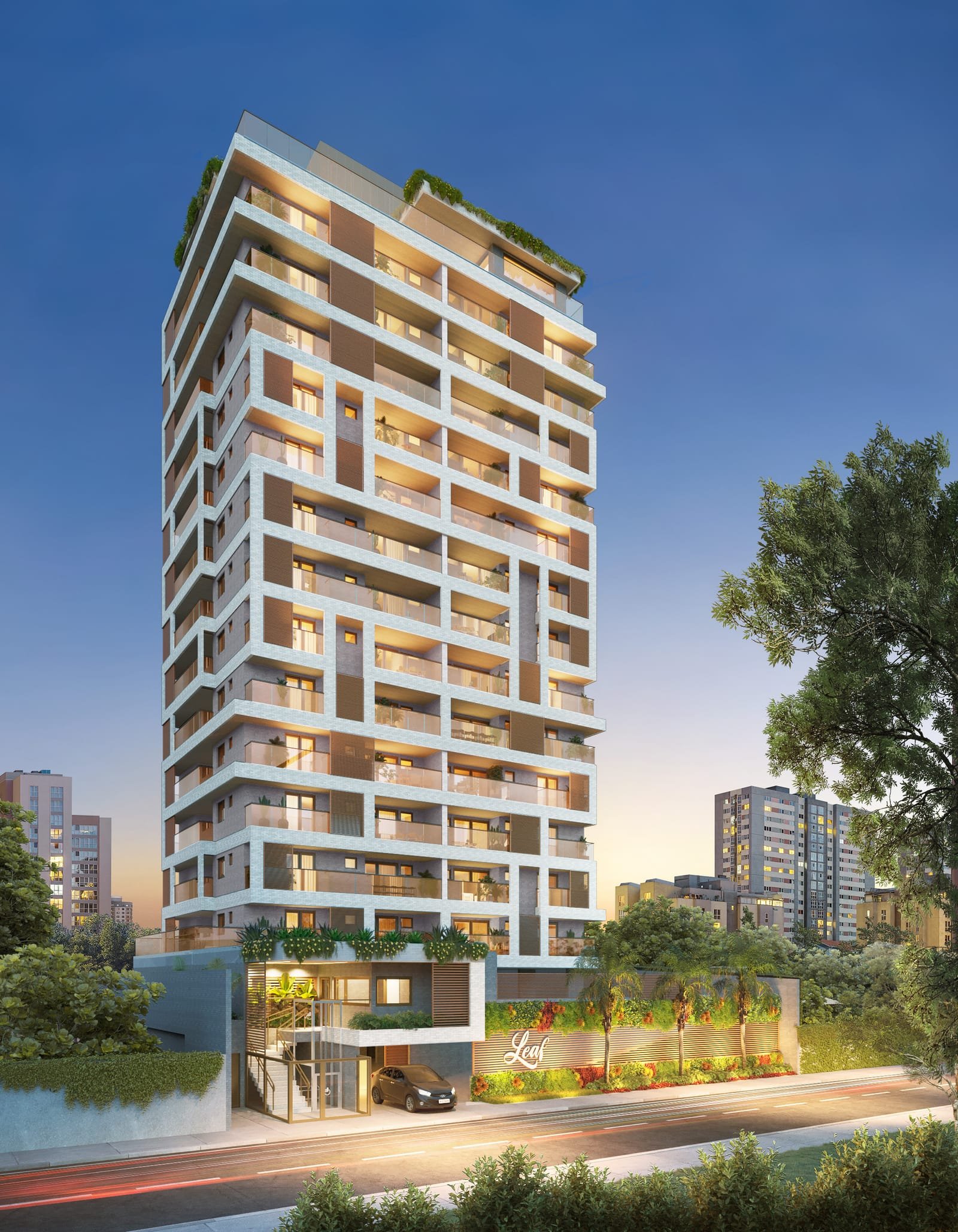 Leaf — Fachada da torre vista de baixo, com varandas em fita e vegetação nos peitoris.